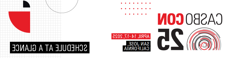 Banner for CASBO CON 25, happening April 14-17, 2025, in San Jose, California. Features bold red and black design elements and the text "Schedule at a Glance."